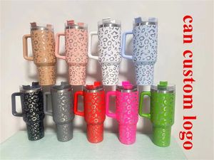 Vasos con estampado de leopardo de 40 oz Acero inoxidable 304 con asa y pajita Taza de café aislada reutilizable Taza de viaje al aire libre Gran capacidad Botella de agua Taza con logotipo personalizado