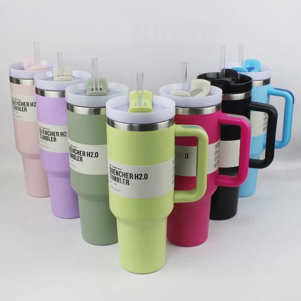 Gobelet à tasse de 40 oz avec poignée, gobelets isolés, couvercles en paille, tasse à café Termos en acier inoxydable de 40 oz, prête à expédier des bouteilles d'eau isolées sous vide