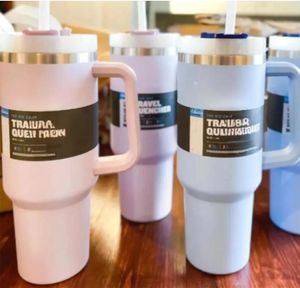 40oz mokken Tumbler Cups met handvat Frosted wit deksel en stro geïsoleerde roestvrijstalen tuimelaars Reizen koffie Termos waterfles