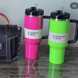 40Oz Neon Pink Cup With Handle Insulated Stainless Steel Tumblers H2.0 40 Oz Lids Straw Car Travel Mugs Coffee Tumbler Termos Cups Ready To Ship Water Bottles