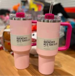 US Stock the Quencher H2.0 Cosmo Pink Parade Tumbler 40 oz 4 uur heet 7 uur koud 20 uur Iced Cups 304 Swig Wine Mokken Valentijnsdag Gift Flamingo