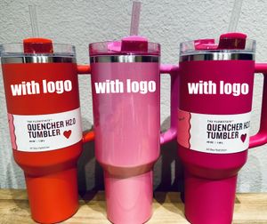 40oz Quencher Tumblers Roze Co-Branded Cosmo Parada Flamingo RVS Valentijnsdag Geschenkbekers met siliconen handvat Deksel en rietje Automokken US VOORRAAD DHL Ship