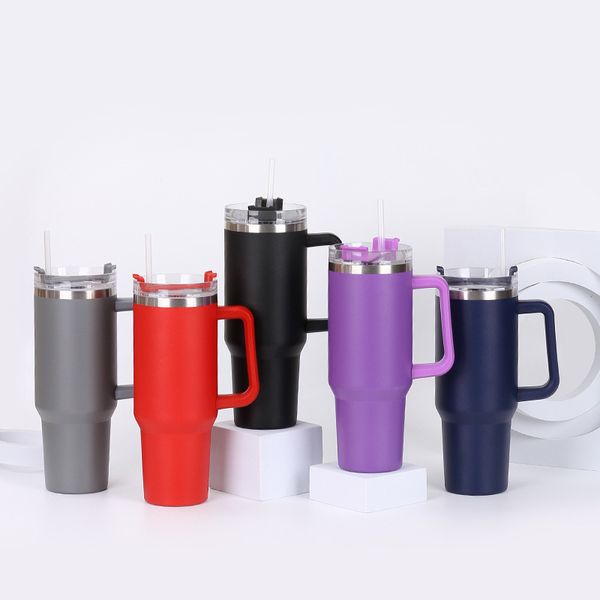 Gobelet réutilisable de 40 oz avec poignée et paille, tasse de voyage isolée en acier inoxydable, gobelets isolés pour garder les boissons froides sans logo