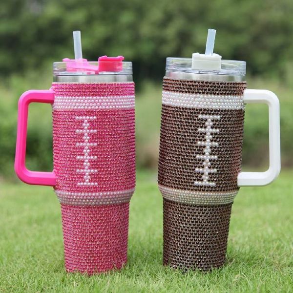 Gobelet en strass de 40 oz avec poignée Rugby Bling Crystal Shimmer Tumbler en acier inoxydable grande capacité Tasse à bière Tasse de voyage isolée Tasse à café de voyage