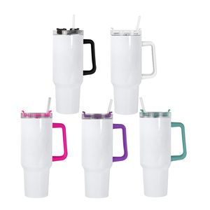 US Warehouse 40oz Sublimatie Witte tuimelaar met gekleurde handgreep Lid Straw roestvrijstalen reismok vacuüm geïsoleerde waterfles buiten camping cup 20 stks/kast