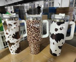 Gobelets en acier inoxydable de 40 oz avec couvercles et paille guépard vache imprimé léopard conservation de la chaleur tasses de voiture de voyage bouteilles d'eau de grande capacité avec logo 0131