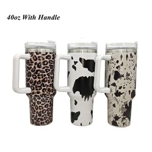 Vasos de acero inoxidable de 40 oz con tapas y pajita, estampado de vaca animal, leopardo, preservación del calor, tazas de viaje para coche, botellas de agua de gran capacidad con logotipo 124