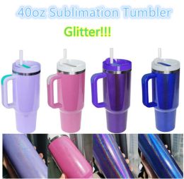 Gobelet à paillettes par sublimation de 40 oz avec poignée Tasse à bière de grande capacité en acier inoxydable Tasse de voyage isolée Garder les boissons froides Tasse à café de voyage Gobelet scintillant arc-en-ciel