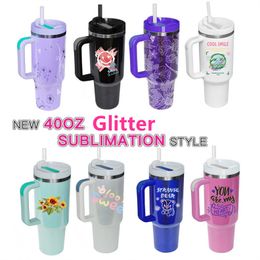 Gobelet à paillettes de sublimation de 40 oz avec poignée en acier inoxydable grande capacité chope à bière tasse de voyage isolée tasse à café de voyage arc-en-ciel chatoyant gobelet pour bricolage