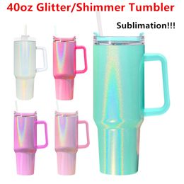 40oz Sublimation Glitter Tumbler met handvat Shimmer Tumbler RVS grote capaciteit Biermok Geïsoleerde reismok Houd drankjes koud Reiskoffiemok Nieuw