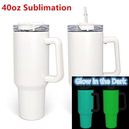 Vaso de sublimación que brilla en la oscuridad de 40 oz con tapa y pajitas Vaso de café de doble vacío de acero inoxidable con asa Taza de café de viaje Taza de viaje Vaso DIY