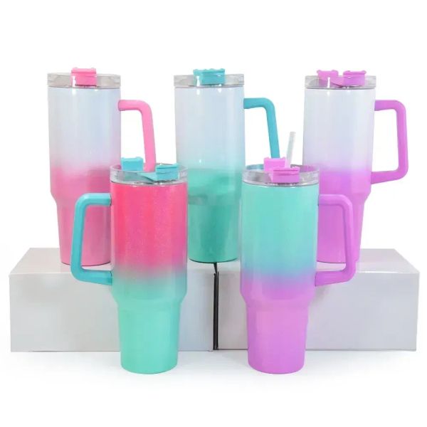 40 oz Sublimation Gradient Glitter Tumbler avec poignée Shimmer Tumbler Acier inoxydable grande capacité Chope à bière Tasse de voyage isolée Tasse à café de voyage en gros 0512