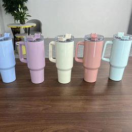 40 oz Sublimation Poignée Gobelets Coloré Blanc Bouteilles D'eau En Acier Inoxydable Double Isolé Tasses De Transfert De Chaleur Verres Tasses A12