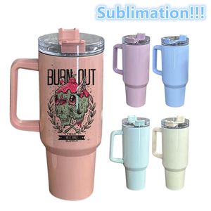 40oz sublimatie macaron tumbler met deksel en rietjes roestvrij staal dubbele vacuüm koffietumbler met handvat gekleurde reiskoffie mok reis mug tumbler diy