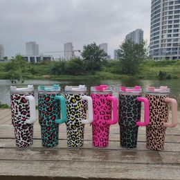 40oz Tumbler Designer Tumblers Leopard Milk Design en acier inoxydable avec logo poignée couvercle paille bière tasse bouteille d'eau tasse de camping en plein air