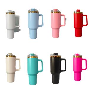 Gobelet de 40 oz en cuivre doré UV avec poignée, couvercle en paille, grande capacité, en acier inoxydable, isolé sous vide, bouteille d'eau, tasse de camping en plein air