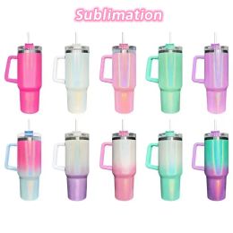 Nouveau gobelet à paillettes de gradient de sublimation de 40oz avec manche en acier inoxydable bouteille portable de sport extérieur tasse d'isolation de voyage à vide