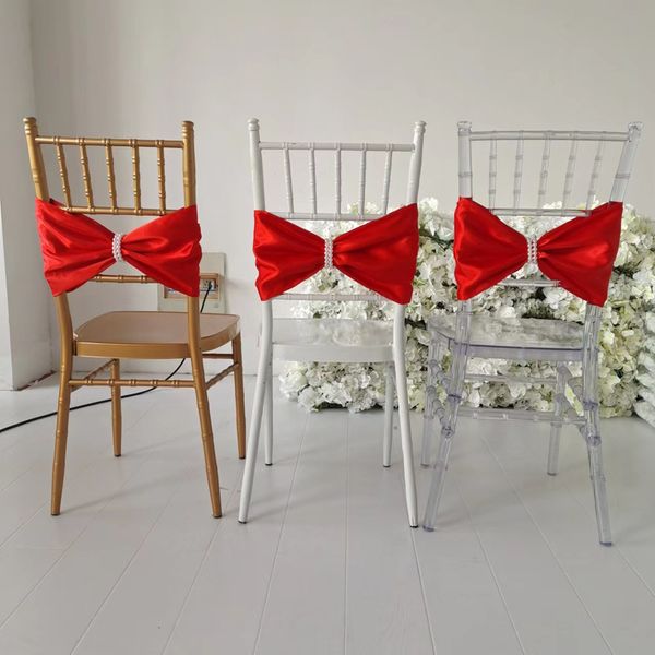 40pcs Chiavari Satin Chair Band Sashs with Pearl Backle for Wedding Party Decoration