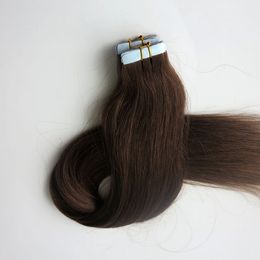 Topkwaliteit 100g 40 stks / 50 stks tape in menselijke hair extensions lijm huid inslag 18 20 22 24 inch # 2 / donkerste bruin Braziliaans Indiaas haar