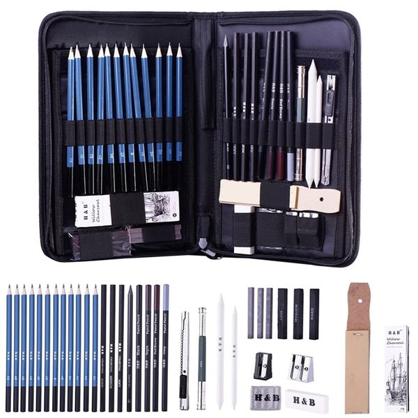 40pcs Professional Art Pencil Set Graphite Sketch Pencils Set Kit de dessin complet Inclure Fusains Pastel Zippered Carry Case 201214