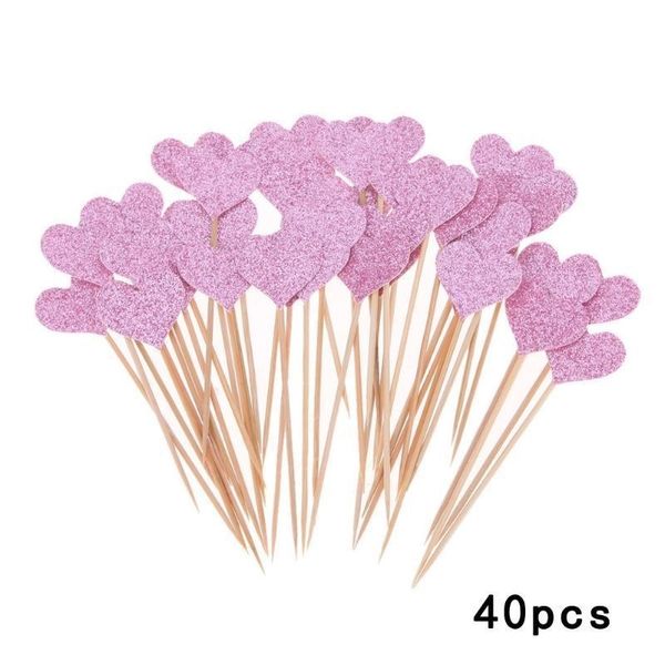 40 unids / set de color Bling en forma de corazón Cupcake Toppers Insertar tarjetas con palillo de dientes Regalos de la fiesta de cumpleaños de la boda Decoraciones de pasteles Y200618