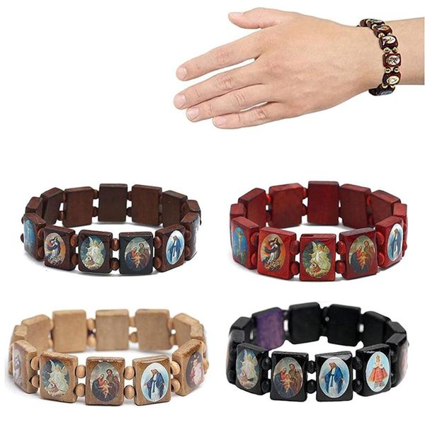 40 Uds pulsera de madera de Jesús brazalete católico elástico imagen de santos religiosos pulsera de devoción de dioses santos