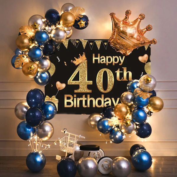 40e anniversaire Décorations de fête Gold Blue Metallic Balloons Garland Kit avec fond de fond pour hommes Femmes Party Decor 240419