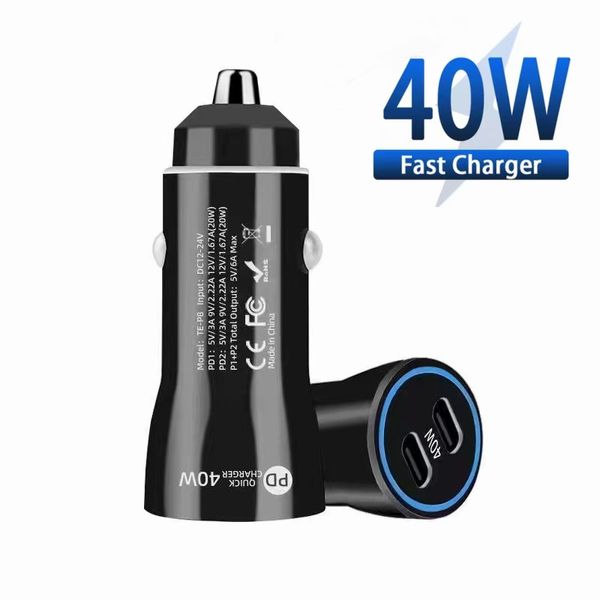 40W USB C Car Carger Dual Tipo C PD Cargador Adaptador de carga rápida para iPhone 15 14 Xiaomi Samsung S24 Car Charger