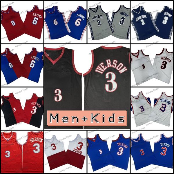 Rétro 3 Allen Iverson Basketball Jerseys 6 Julius Erving Georgetown Hoyas Iverson Enfants Hommes Rouge Bleu Split édition Spécial vintage Jersey