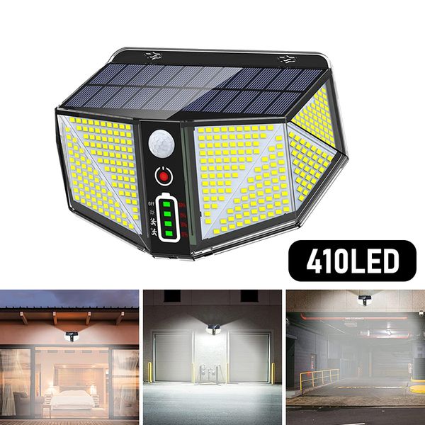 410 LED Lámpara solar para exteriores Sensor de movimiento Inducción humana Jardín Garaje Luz 3000mAh Batería de litio Luces solares impermeables