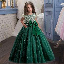 412T Filles Sans Manches Paillettes Broderie Robe De Mariée Fleur Fille Robe De Soirée D'été Filles Robe Grand Bowknot Défilé De Mode 240309