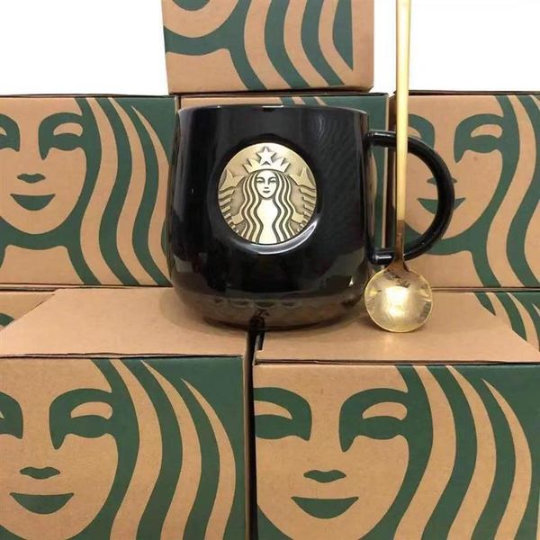 414ML Starbucks Tazas Tazas de beso con cuchara Pareja Taza de cerámica Parejas casadas Aniversario Sirena Bronce Medallón Regalo Products231f