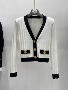 418 2024 Runway Summer Brand Same Style Sweater Lange Mouw V Hals Zwart Witblauw Modekleding Hoogwaardige dames Qian