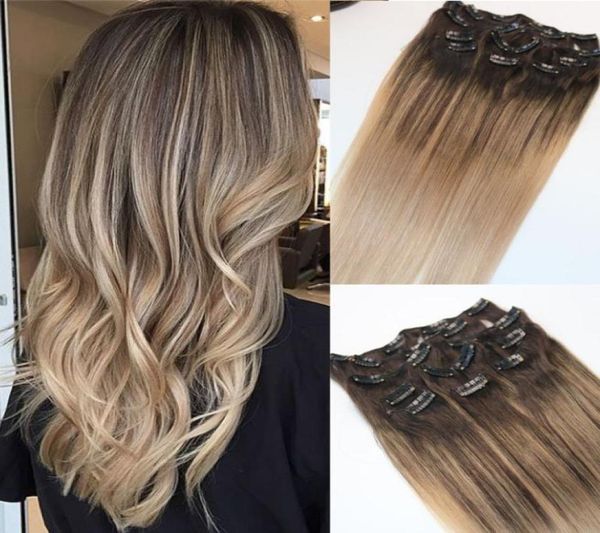 418 8A 7 piezas 120 gramos Clip en extensiones de cabello humano Ombre Marrón oscuro Raíz a rubio ceniza Balayage Destacados Peinado 5574833