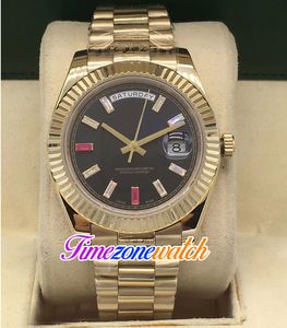 41mm Day Date A2813 Montre automatique pour homme Or jaune 18 carats Lunette cannelée Cadran noir Marqueurs de bâton de diamant Bracelet en acier inoxydable Montres Timezonewatch E11b2