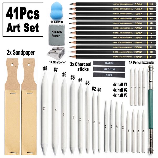 41pcs Art Sketch Drawing Set 4H-2B Graphite Paper Paper Smudge Brush Brush Charcoal Stick Rod En papier de verre éponge Effetage d'effacement