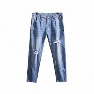 42 44 46 48 Jeans fins pour hommes de grande taille été automne tout nouveau pantalon déchiré extensible léger longueur cheville bleu clair M5B3 #