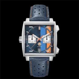 42% korting horloge Horloge heren waterdichte lederen band roestvrij staal quartz chronograaf blauwe Gulf Racing Sapphire speciale editie horloges271L272x