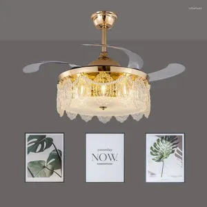 Lustre avec ventilateur de plafond Invisible de 42 pouces, lampe en cristal moderne avec télécommande pour chambre à coucher, décoration dorée