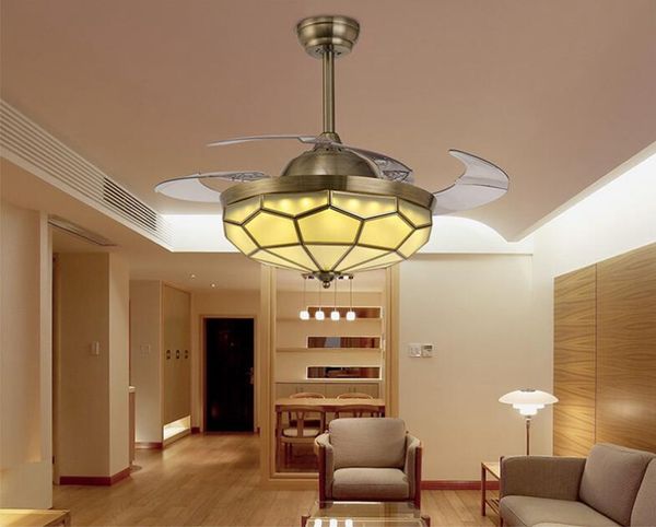 Ventilateurs de plafond rétractables en cristal de 42 pouces avec lumière LED, télécommande, 4 pales invisibles en ABS marron, lustre pour salon, chambre à coucher, utilisation intérieure