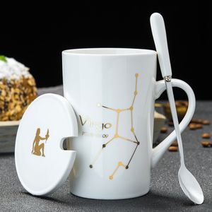 Tazas de café de cerámica de 420ml, taza de la suerte con tema de constelación con caja de regalo con tapa y cuchara, regalo de Navidad para amigos