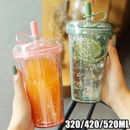 420 ml Ins Bubble Tea Cup Glitter Bouteille d'eau Double couche Portable Tumbler avec paille Tasse à café en plastique avec couvercle Coupe étanche 240113