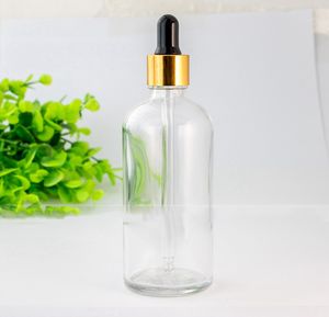 420 unids/lote botella cuentagotas de pipeta de reactivo líquido de vidrio transparente botellas de Perfume de aceite esencial 100ml con tapas de plata de oro negro