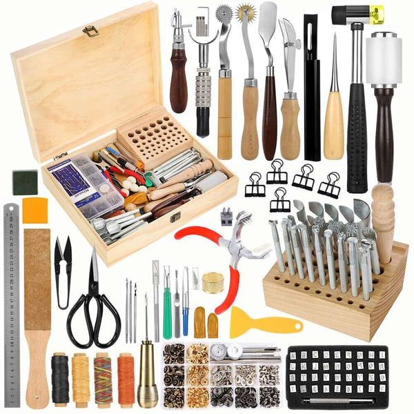 424 outils PCS, outils et fournitures de travail, kits d'artisanat avec des instructions, kit de couture, support d'outil, boîte de rangement en bois, ensemble d'estampage en cuir