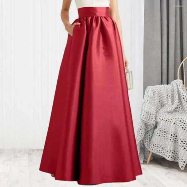 429 Falda larga Faldas vintage elegantes Bata de satén Maxi con bolsillos de cintura alta para mujer Línea A Hasta el suelo S