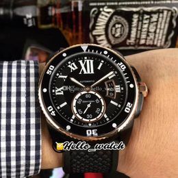 42 mm kaliber de duik W2CA0004 Aziatische automatische heren Watch Black Dial Big Date Roman Mark Two Tone Rose Gold Case Rubber Watches HEL245L