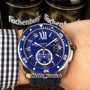 42 mm kaliber de duik WSCA0011 Aziatische automatische herenhorloge blauwe wijzerplaat grote datum Romeinse Mark stalen kast rubberen horloges Hello Watch289k