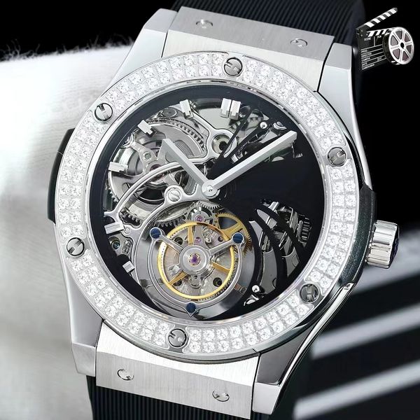 42mm Tourbillon creux mécanique montre hommes cadran en argent anneau diamètre remontage manuel saphir cristal surface étanche diamant serti montre de luxe Montre