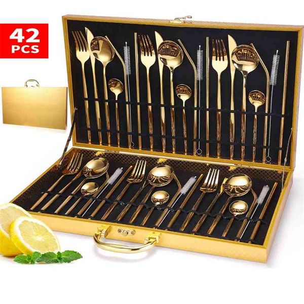 42pcs Rainbow Tableware Set Fourchette Cuillère Couteau Couverts Set 18/10 Dîner en acier inoxydable Vaisselle Set Holiday Gold Wood Gift Box 210706