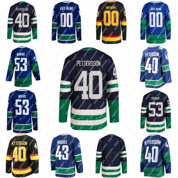 43 Quinn Hughes Jersey 40 Elias Pettersson 53 Bo Horvat 6 Brock Boeser 10 Pavel Bure Navy Hockey Jerseys Negro Azul Ed